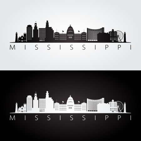 Mississippi state skyline and landmarks silhouette, black and white design. vector illustration.のイラスト素材