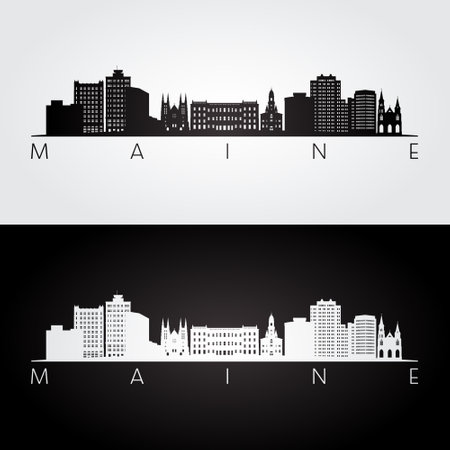 Maine state skyline and landmarks silhouette, black and white design. vector illustration.のイラスト素材