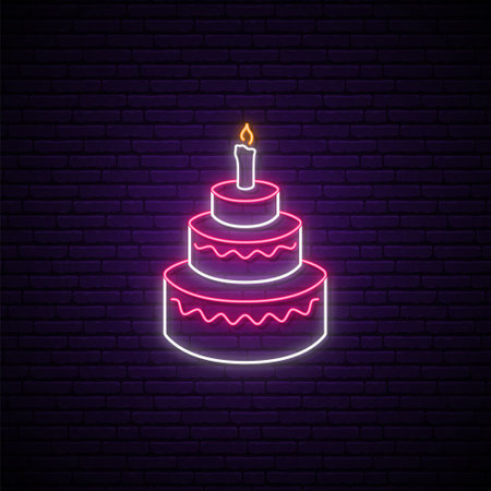 Neon birthday cake sign. Glowing birthday cake with candle in neon style. Bright light signboard for parties, anniversary, celebrations. vector illustration.のイラスト素材