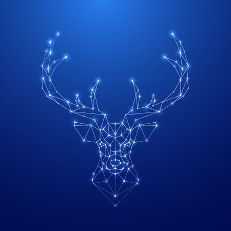 Geometric Deer head silhouette. Constellation in deep blue sky. Reindeer head and horns vector design.のイラスト素材