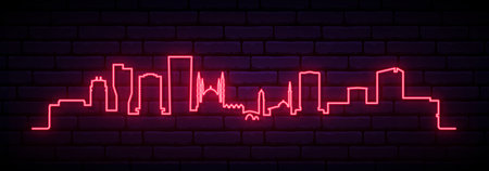 Red neon skyline of Tirana. Bright Tirana long banner. vector illustration.のイラスト素材