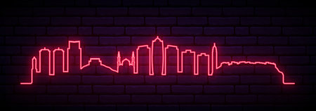 Red neon skyline of Erbil. Bright Erbil long banner. vector illustration.のイラスト素材