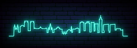 Blue neon skyline of Sarajevo. Bright Sarajevo long banner. vector illustration.のイラスト素材