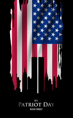Vertical banner in honor of Patriot day. New York Skyline with the US flag hanging in background. 911 never forget.のイラスト素材