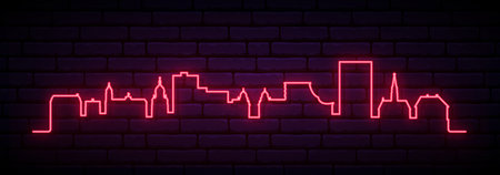 Red neon skyline of Cluj-Napoca. Bright Cluj-Napoca, Romania long banner. vector illustration.のイラスト素材