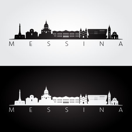 Messina skyline and landmarks silhouette, black and white design, vector illustration.のイラスト素材