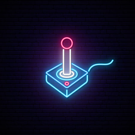 Neon joystick sign. Glowing game joystick icon on dark brick wall background. Vector illustration in...
