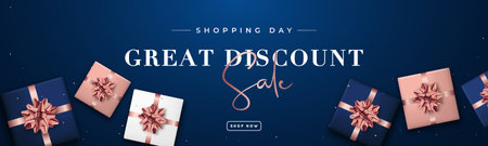 Shopping Day horizontal banner. Online store with gift boxes. Great discount.のイラスト素材