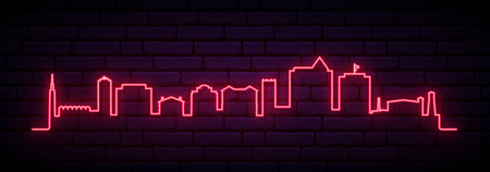 Red neon skyline of Huntsville. Bright Huntsville, AL long banner. Vector illustration.のイラスト素材