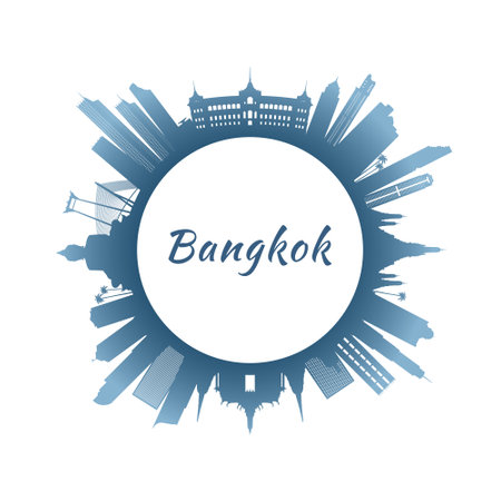 Bangkok skyline with colorful buildings. Circular style. Stock vector illustration.のイラスト素材