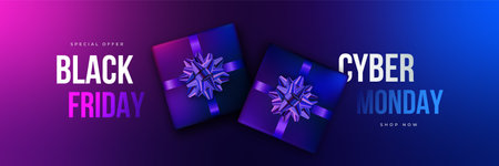 Black Friday and Cyber Monday Sale banner. Gift boxes with realistic foil bow on colorful background. Advertisement banner for seasonal discounts.のイラスト素材