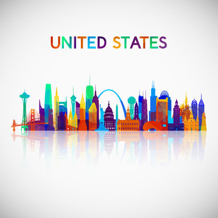 United States skyline silhouette in colorful geometric style. Symbol for your design. Vector illustration.のイラスト素材
