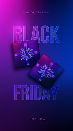 Black friday vertical banner for social media. Sale discount promotion with neon color boxes. Template for website advertising, party invitation, stories.のイラスト素材