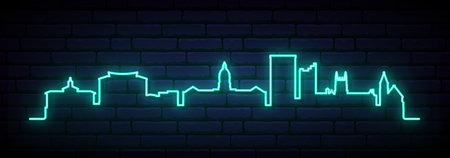 Blue neon skyline of Columbia. Bright Columbia, MO long banner. Vector illustration.のイラスト素材