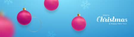 Christmas festive banner with hanging pink balls on blue background. Trendy backdrop. Copy space.のイラスト素材