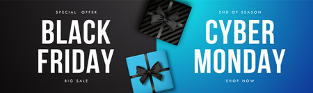 Template for seasonal sale Black Friday and Cyber Monday. 3d black and blue realistic gift boxes and text. Stock vector illustration.のイラスト素材