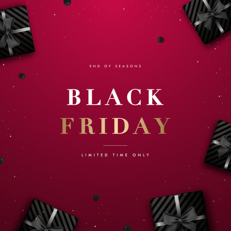 Black Friday Sale background. Realistic black gift boxes. Top View.のイラスト素材