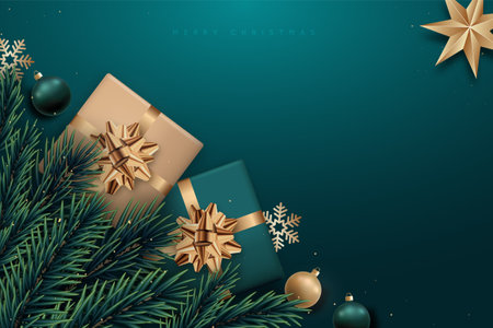 Holiday Christmas background with empty space. 3d Realistic green and gold gift boxes. Festive green banner.のイラスト素材