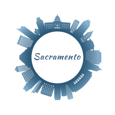 Sacramento skyline with colorful buildings. Circular style. Stock vector illustration.のイラスト素材