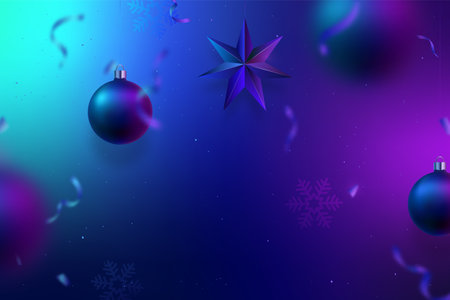 Christmas neon background with hanging balls and a star. Blue-violet neon glow. Vector holiday wallpaper, greeting card, social media.のイラスト素材