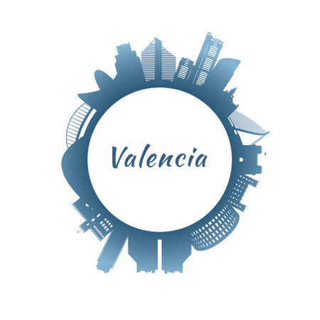 Valencia skyline with colorful buildings. Circular style. Stock vector illustration.のイラスト素材