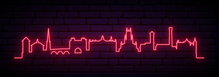 Red neon skyline of Worcester. Bright Worcester, UK long banner. Vector illustration.のイラスト素材