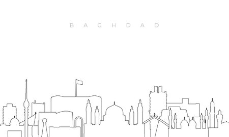 Outline Baghdad skyline. Trendy template with Baghdad buildings and landmarks in line style. Stock vector design.のイラスト素材
