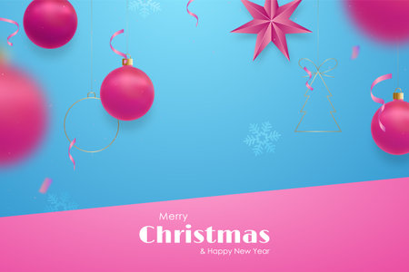 Christmas fashion party banner template with pink balls on blue background. Copy space for your text.のイラスト素材