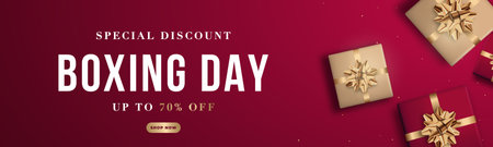 Boxing day Sale promotion banner. Special discount 70%. Shopping template for Boxing Day. Realistic red and gold gift boxes.のイラスト素材