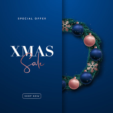 Decorative Christmas fir wreath. Xmas Sale background. Realistic rose gold and dark blue balls, snowflakes and serpentine. Design template for website, social media, flyer, poster etc.のイラスト素材