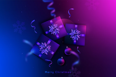 Modern Christmas Flat Lay Composition of Gift Boxes and Christmas Decorations. Neon glow. Design template for website, social media, flyer, banner etc.のイラスト素材