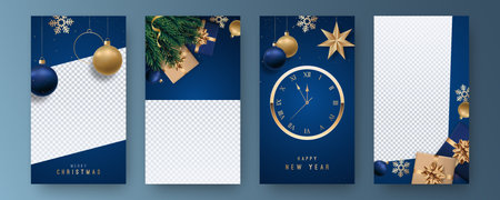 New Year Stories template. Set vertical Xmas banner. Realistic blue and golden Christmas elements.のイラスト素材