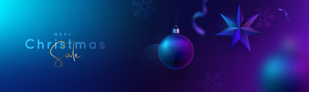 Horizontal Christmas sale banner. Neon blue and purple glow on wall and Christmas decorations. Motion blur effect. Design for website or discount banner.のイラスト素材