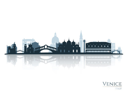 Venice skyline silhouette with reflection. Landscape Venice, Italy. Vector illustration.のイラスト素材