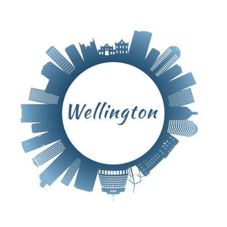 Wellington skyline with colorful buildings. Circular style. Stock vector illustration.のイラスト素材