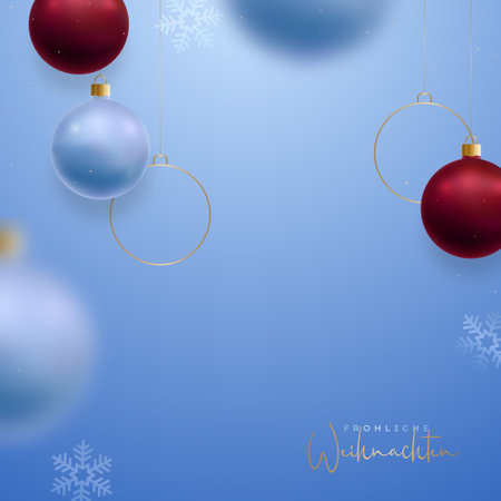 Christmas invitation card with blue and red balls. German inscription: Frohliche Weihnachten - Merry Christmas.のイラスト素材