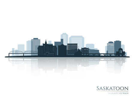 Saskatoon skyline silhouette with reflection. Landscape Saskatoon, Saskatchewan. Vector illustration.のイラスト素材