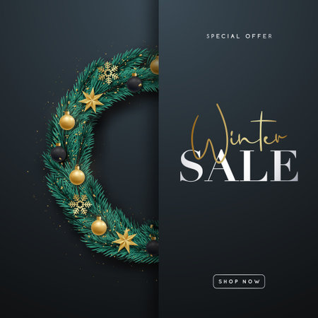 Winter Sale card. With wreath fir tree branches. Template for banner, shopping, discount.のイラスト素材