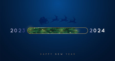 New Year golden loading bar. 2024 Year progress. Countdown, download screen. Loading in form of Christmas tree branches.のイラスト素材