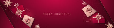Christmas banner with red and rose gold gift boxes and balls. Flat lay Xmas composition. Design template for website, social media, flyer, etc.のイラスト素材