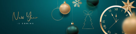 Happy New Year horizontal banner with golden clock. Clock with Roman numeral and countdown midnight, eve for New Year. Winter holidays.のイラスト素材
