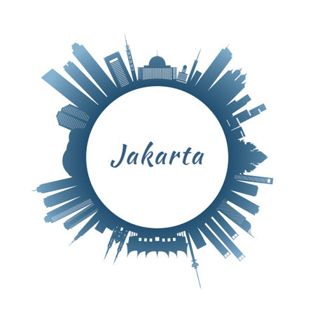 Jakarta skyline with colorful buildings. Circular style. Stock vector illustration.のイラスト素材