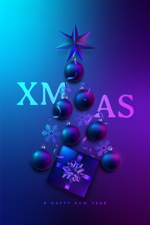 Abstract Christmas tree with realistic 3d baubles, snowflakes, gift boxes and star. Xmas festive neon color background with decorative balls.のイラスト素材