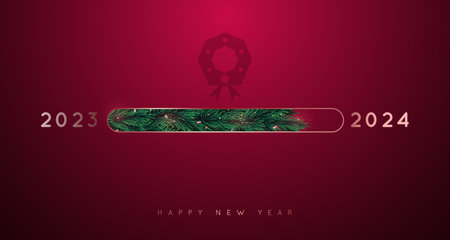 Christmas loading bar in form of Christmas tree branches. Happy New Year 2024. Festive design template for winter holidays.のイラスト素材