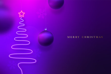 Christmas tree single neon line style on purple wall background. Xmas greeting banner. 3d Realistic purple balls. New Year design template.のイラスト素材