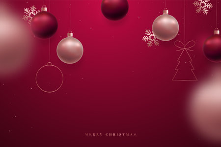 Christmas luxury red background with empty space for your design. Holiday Viva Magenta background with hanging rose gold and red balls. Hanging Ball motion blur effect.のイラスト素材