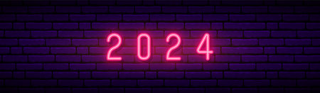 Neon banner with numbers 2024. New year neon red numbers. Design for web header or website.のイラスト素材