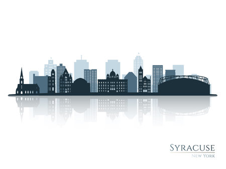 Syracuse skyline silhouette with reflection. Landscape Syracuse, NY. Vector illustration.のイラスト素材