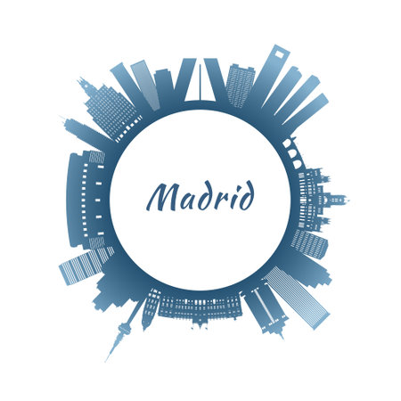 Madrid skyline with colorful buildings. Circular style. Stock vector illustration.のイラスト素材