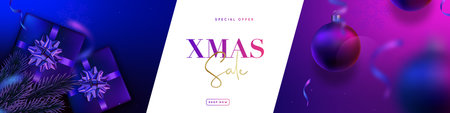 Xmas sale banner. 3d Realistic gift boxes and hanging Christmas balls decorations on colorful neon background. Design poster shopping store, shop discount banner.のイラスト素材